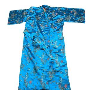 Jin Hon Kimono Robe Women Medium Blue Red Multi Floral Japanese Tie Long‎ VTG
